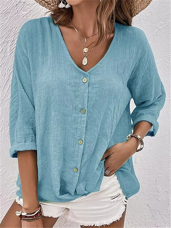 Button Up Casual V-Neck Long Sleeve T-Shirt