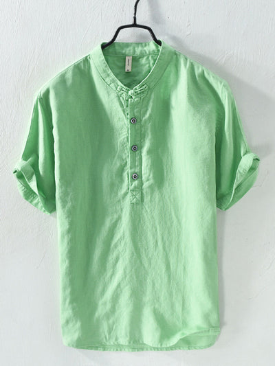 T-shirt à manches courtes et col montant en mélange de coton et de lin pour homme