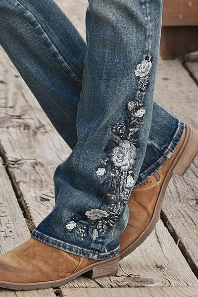 Floral Hand Embroidery Mid Waist Bootcut Jeans