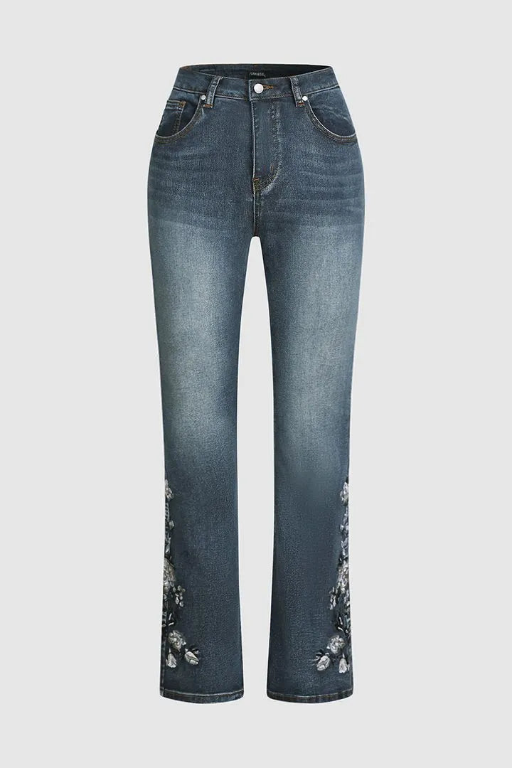 Floral Hand Embroidery Mid Waist Bootcut Jeans