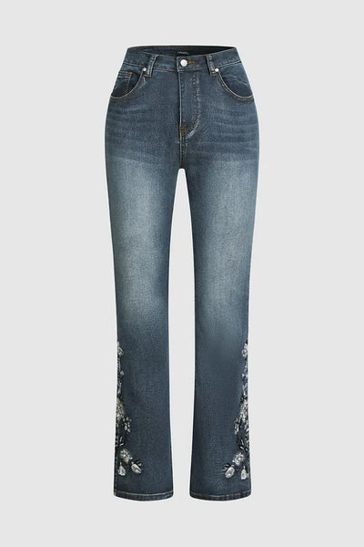 Jean bootcut taille moyenne avec broderie florale à la main
