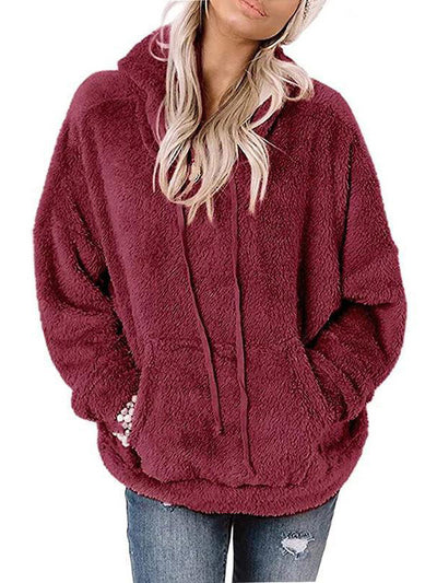 Long Sleeve Plush Pullover Loose Drawstring Hoodie with Pockets