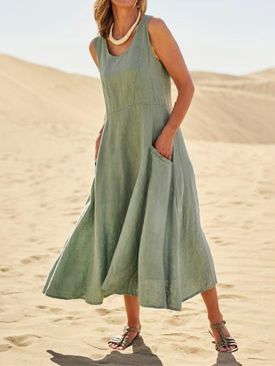 Loose Cotton and Linen Pinafore Dress with Pockets