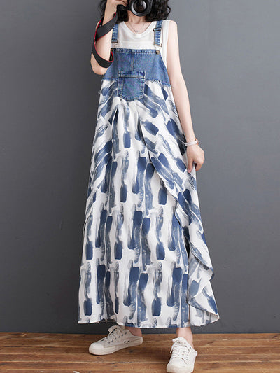 Denim Patchwork Watercolor Maxi Overall Dress