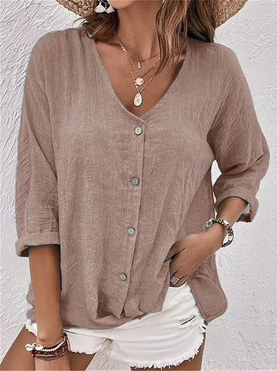 Button Up Casual V-Neck Long Sleeve T-Shirt