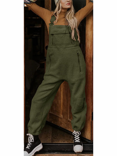 Women's Fleece Thermal Overalls With Zippered Pockets