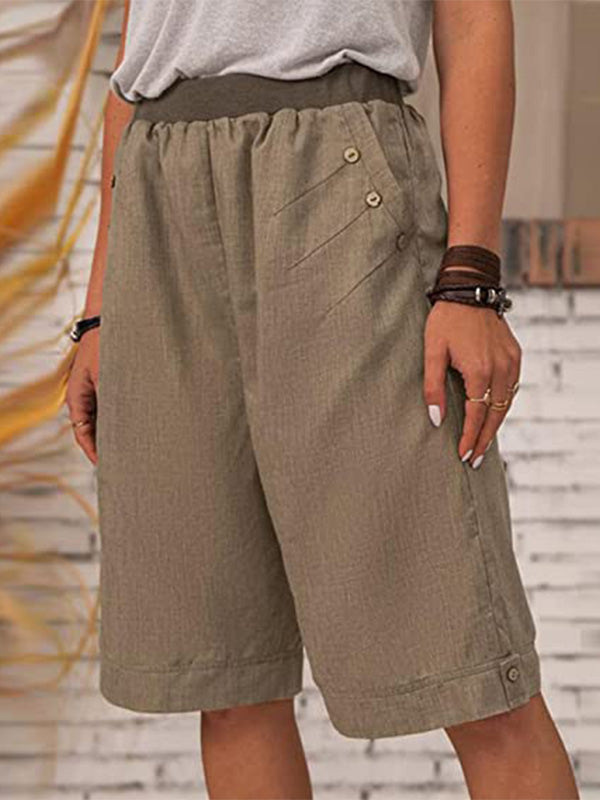 Women's Casual Pants Elastic Waist Straight Pockets Shorts