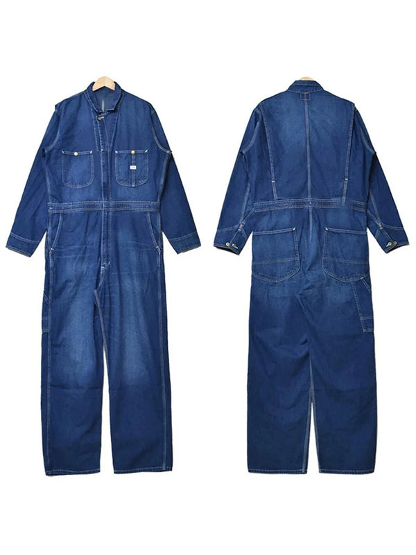 Men's Zipper Multi Pocket Long Sleeve Denim Coveralls