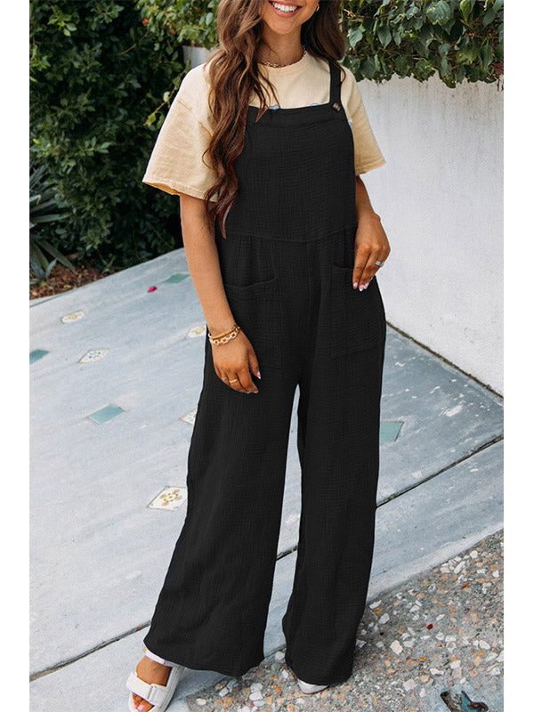 Mono informal de pierna ancha con cuello cuadrado y bolsillo para mujer