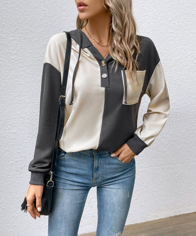 Women's Color Block Hooded Waffle Knit Top