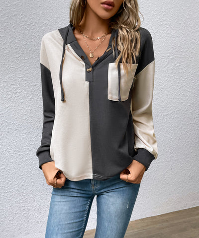 Women's Color Block Hooded Waffle Knit Top