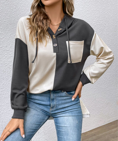 Women's Color Block Hooded Waffle Knit Top