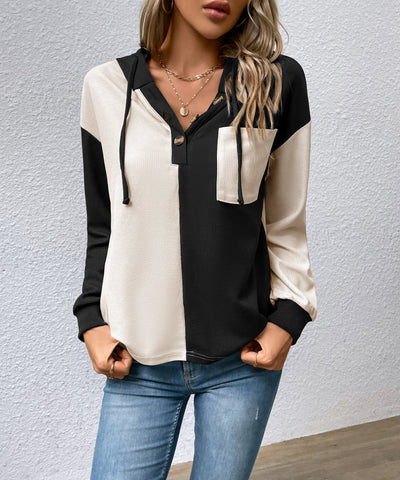 Women's Color Block Hooded Waffle Knit Top