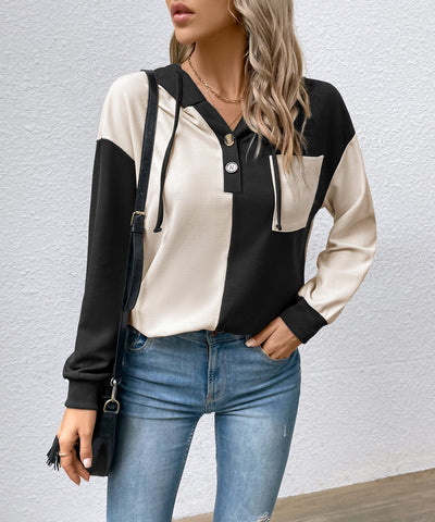 Women's Color Block Hooded Waffle Knit Top