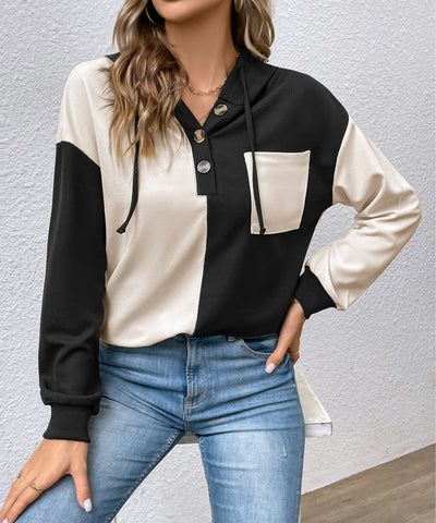 Women's Color Block Hooded Waffle Knit Top
