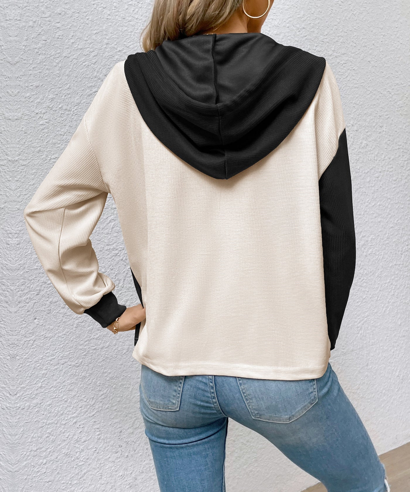 Women's Color Block Hooded Waffle Knit Top