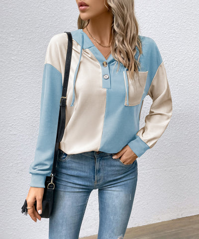 Women's Color Block Hooded Waffle Knit Top