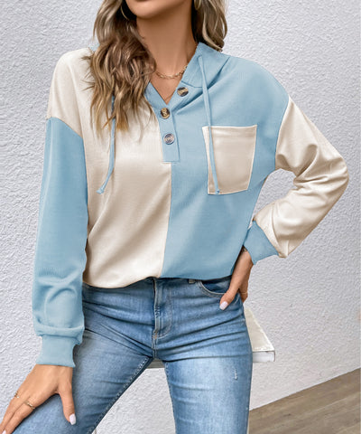 Women's Color Block Hooded Waffle Knit Top
