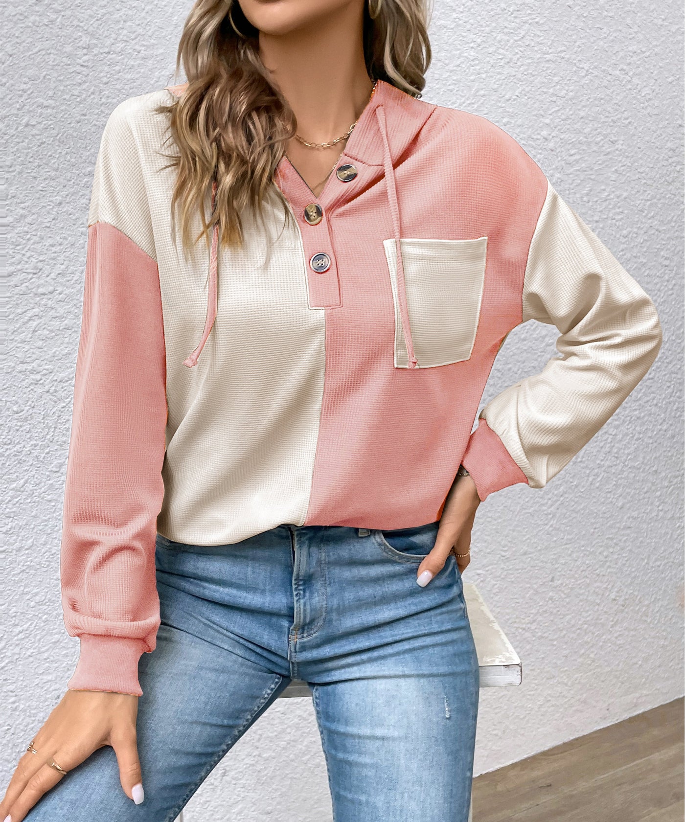 Women's Color Block Hooded Waffle Knit Top