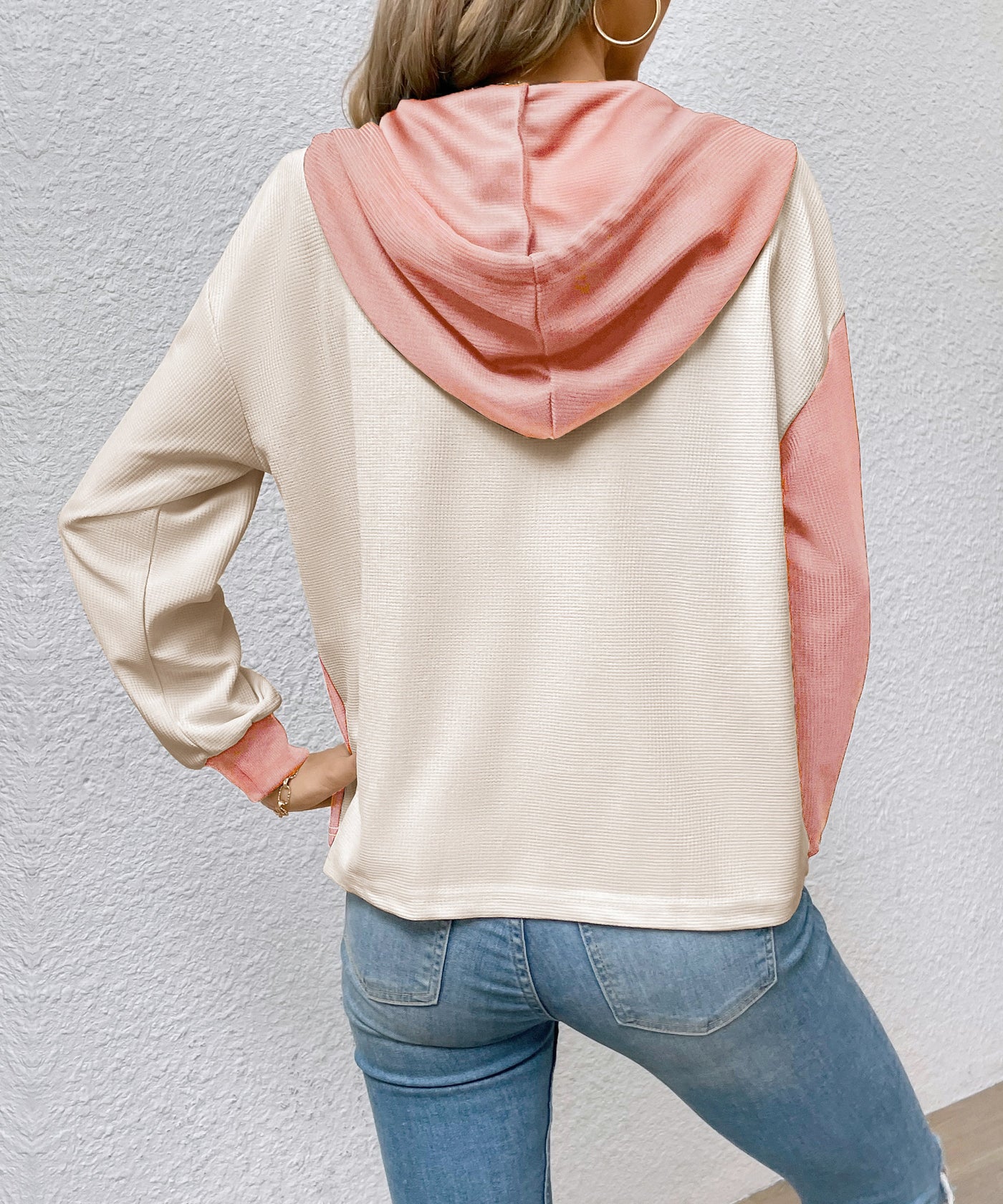 Women's Color Block Hooded Waffle Knit Top
