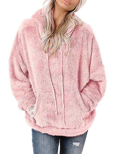 Long Sleeve Plush Pullover Loose Drawstring Hoodie with Pockets