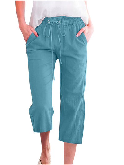 Solid Color Drawstring Casual Straight Cropped Pants
