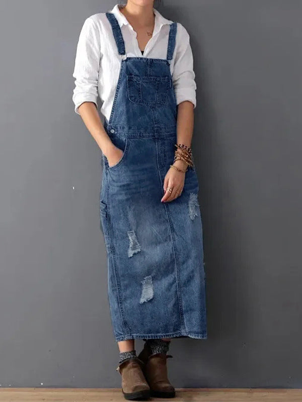 knee length dresses for ladies Blue Denim Midi Overall Dress – Buddhatrends
