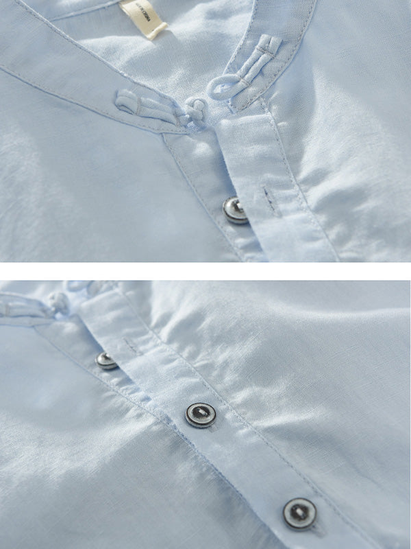 T-shirt à manches courtes et col montant en mélange de coton et de lin pour homme