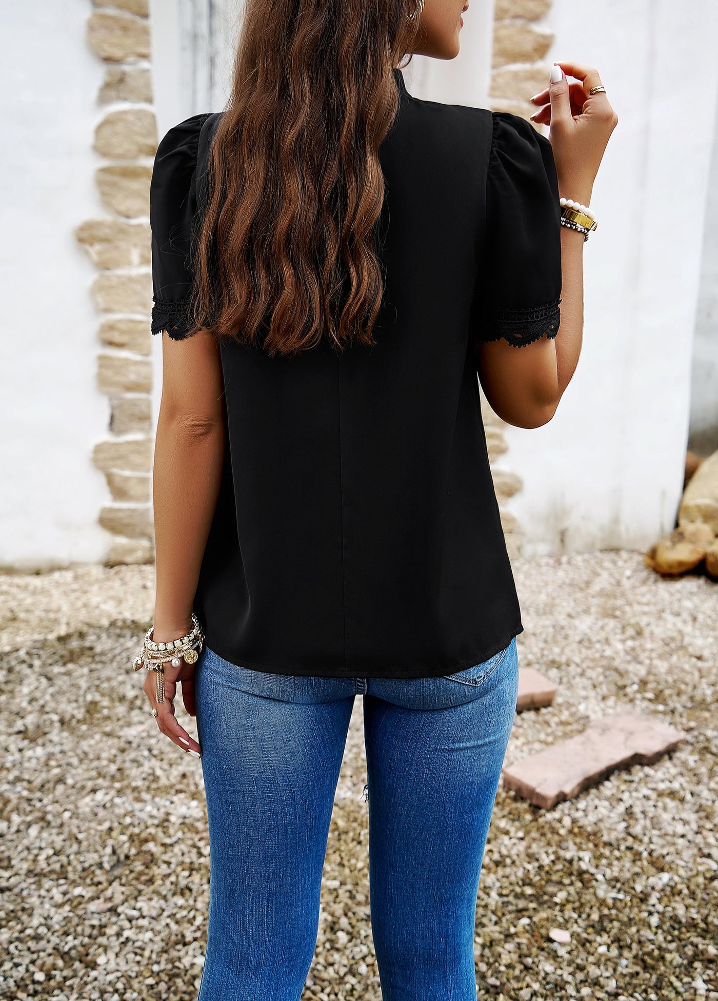Elegant Pleated Blouse with Lace Puff Sleeves