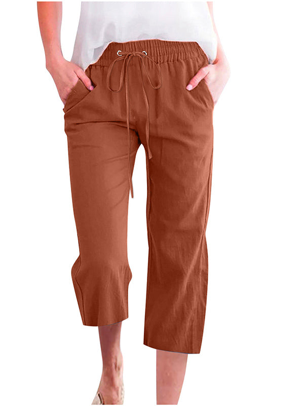 Solid Color Drawstring Casual Straight Cropped Pants