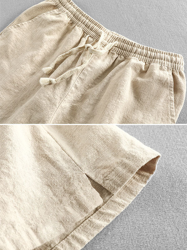 Short décontracté en coton et lin mélangés avec cordon de serrage pour homme