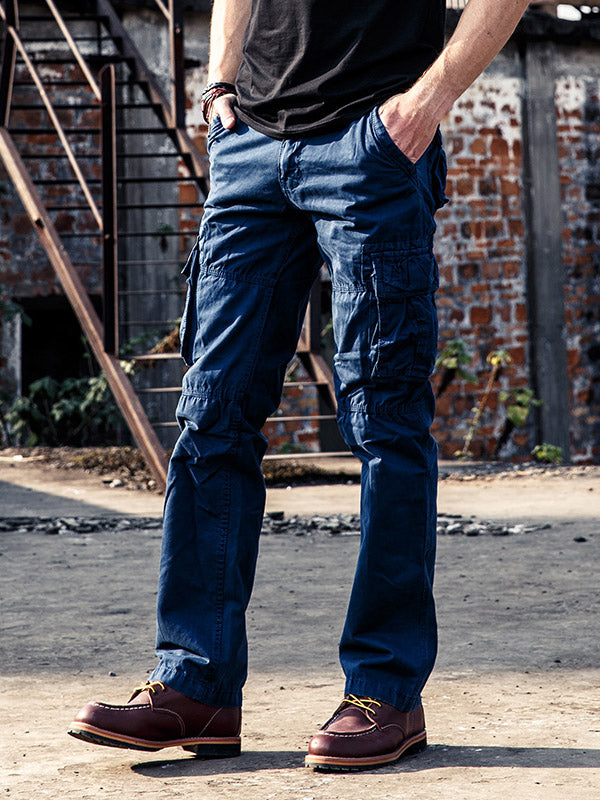 Pantalon cargo droit décontracté multi-poches en coton pour homme