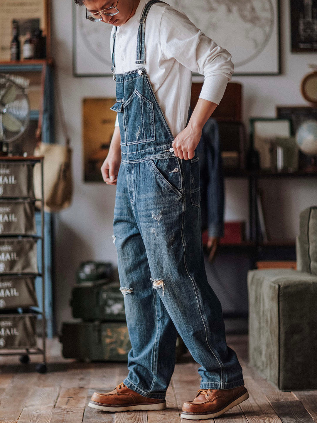 パンツ Johnbull denim overalls vintage finish Artisan Distressed Denim Bib Overalls – Madepants