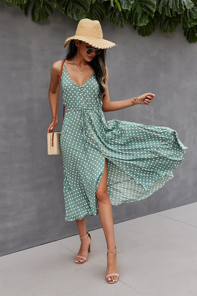 Polka Dot Button-Front Spaghetti Strap Midi Dress