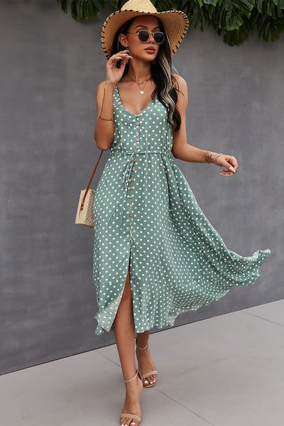 Polka Dot Button-Front Spaghetti Strap Midi Dress