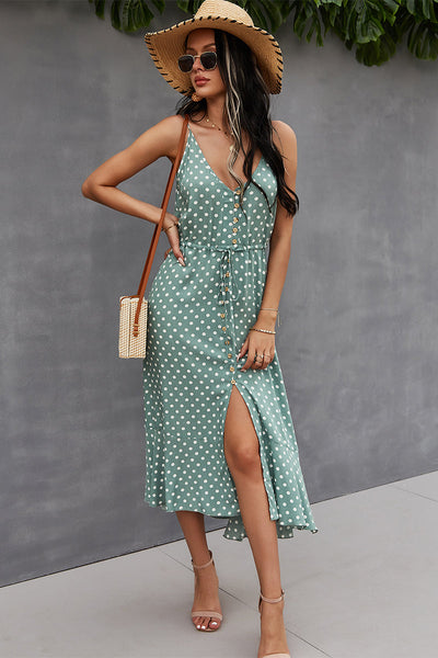 Polka Dot Button-Front Spaghetti Strap Midi Dress