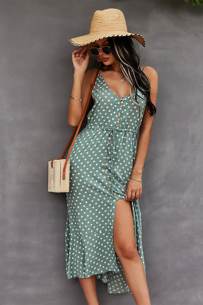 Polka Dot Button-Front Spaghetti Strap Midi Dress