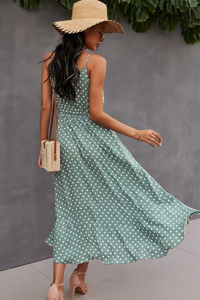 Polka Dot Button-Front Spaghetti Strap Midi Dress