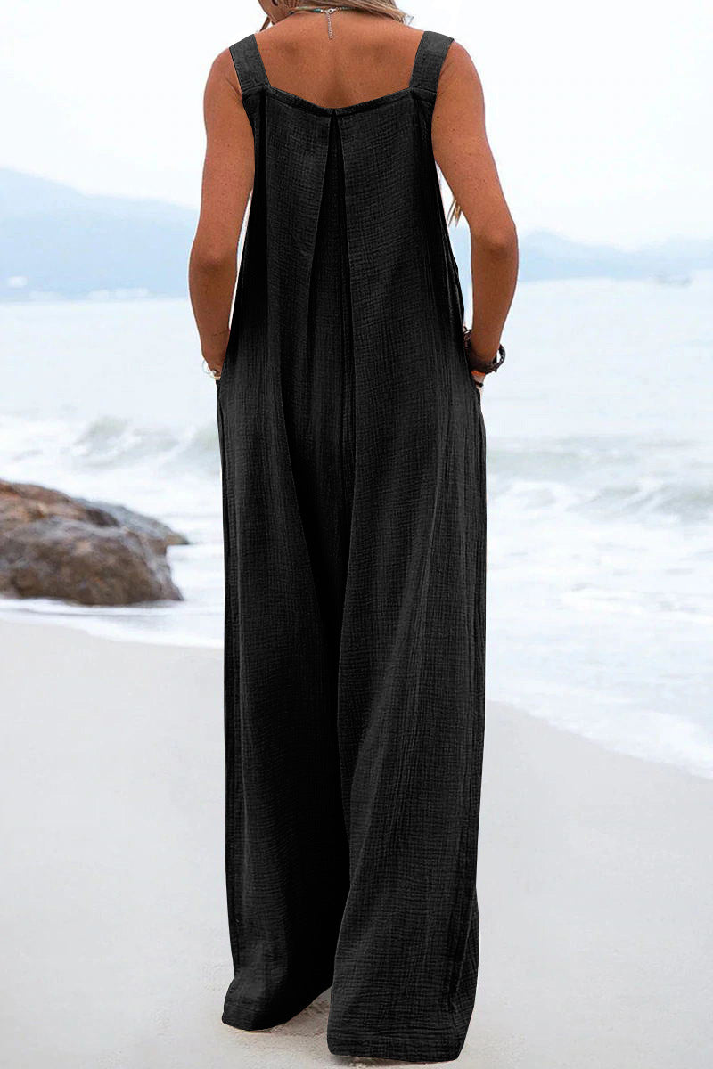 Casual Button Strap Wide-Leg Jumpsuit with Pockets