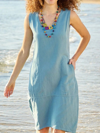 Robe sans manches en coton et lin à col en U avec poches