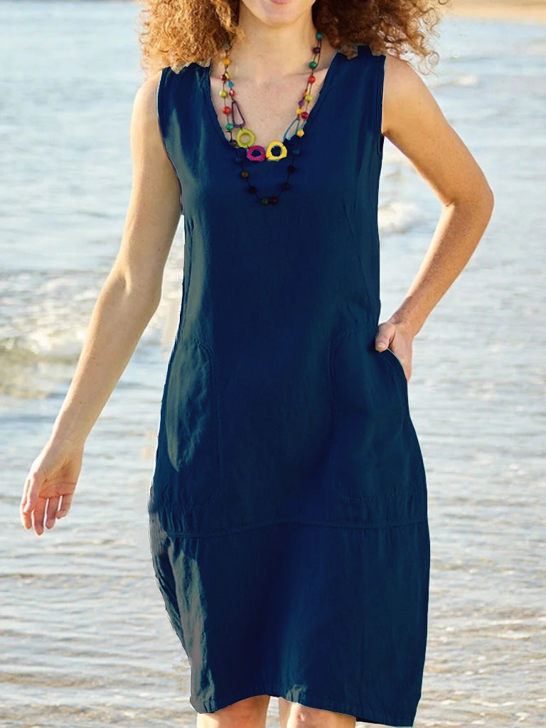 Robe sans manches en coton et lin à col en U avec poches