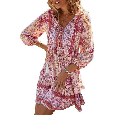 Robe à imprimé bohème à manches 3/4 et col en V
