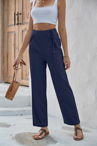 High Waist Solid Color Tether Wide Leg Pants