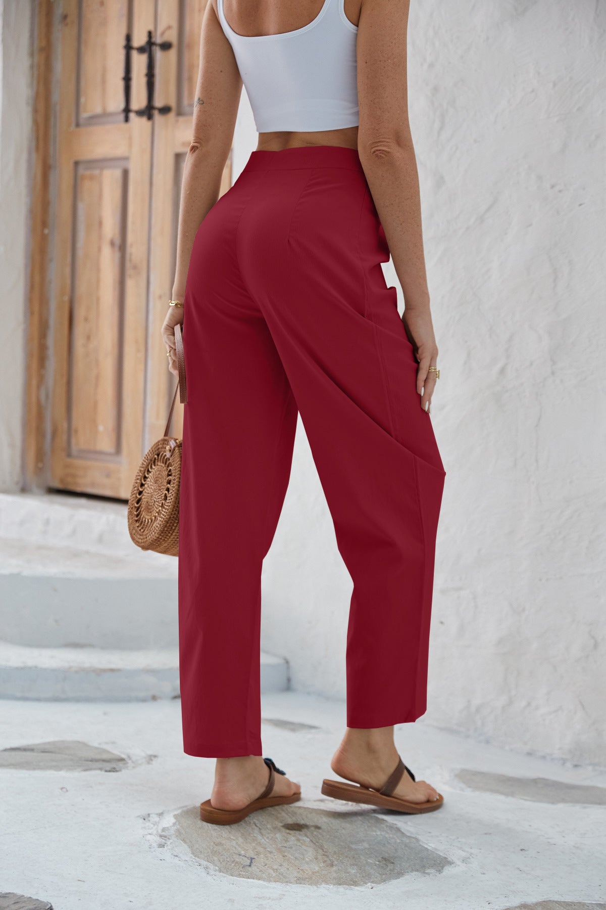 High Waist Solid Color Tether Wide Leg Pants