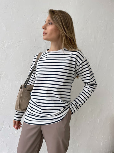 Casual Round Neck Cotton Striped T-shirt