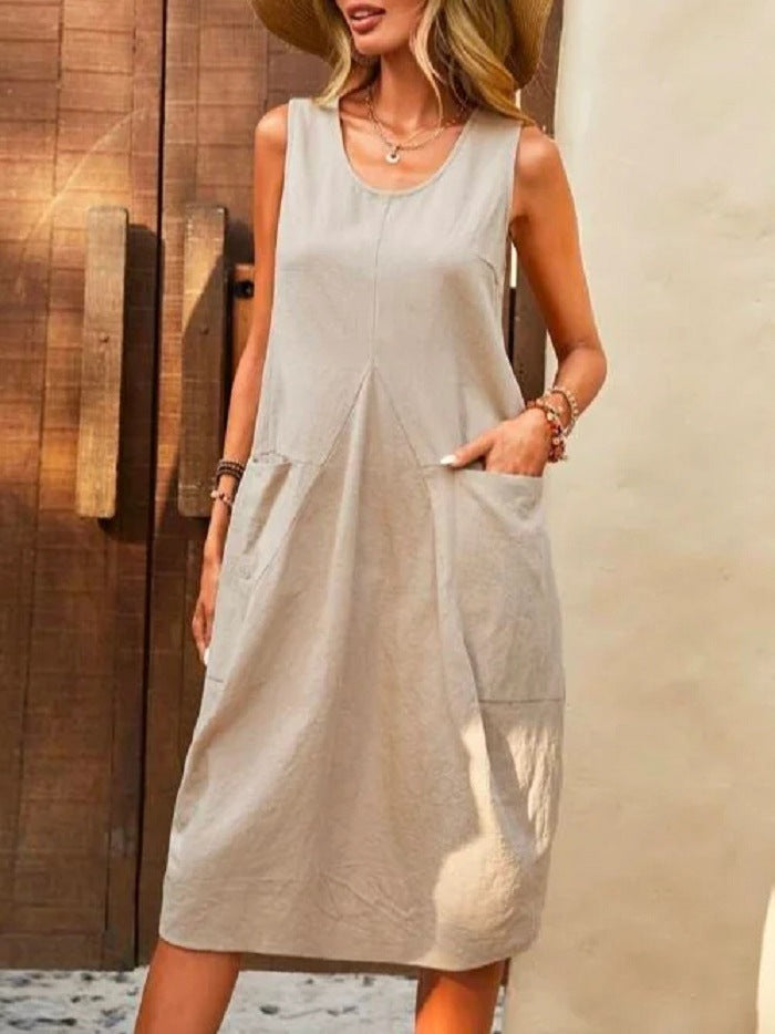 Robe sans manches à col en U et grandes poches