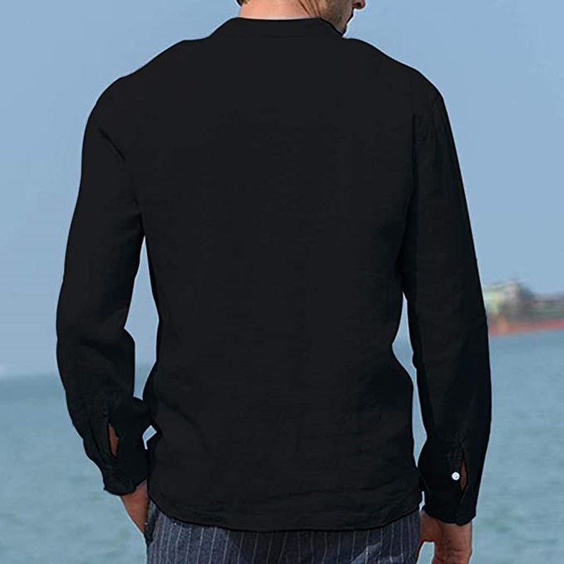 Camisa suelta informal de manga larga con bolsillo para hombre