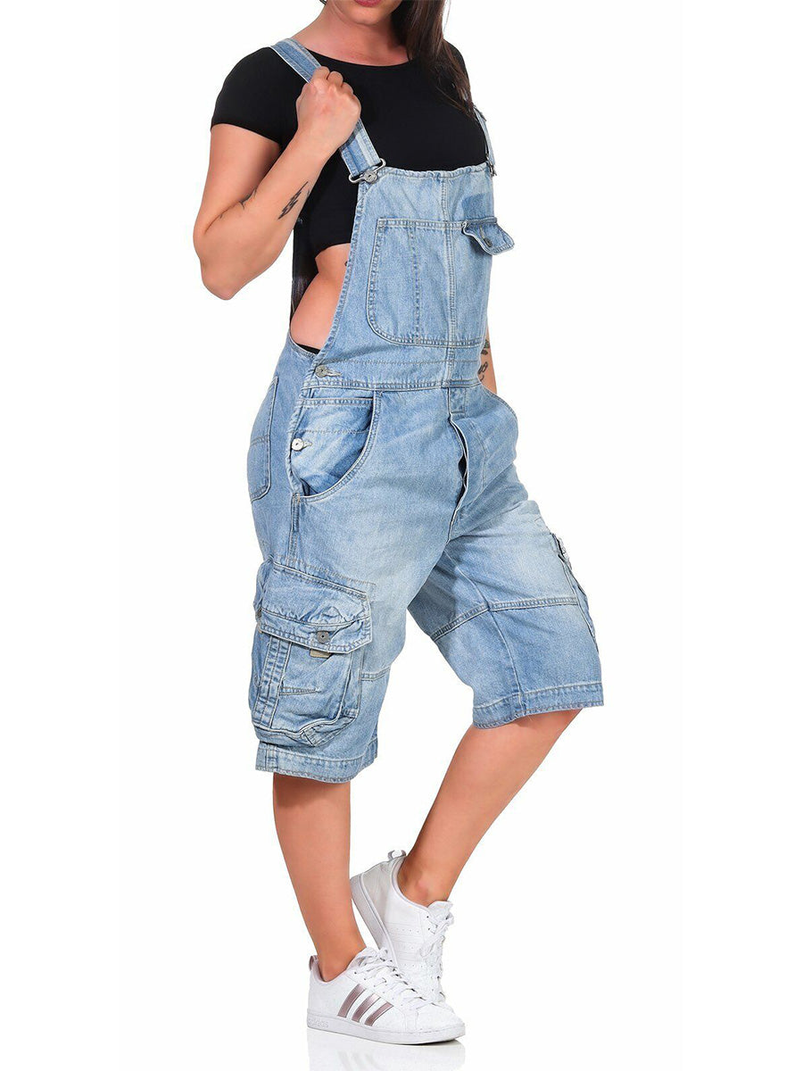 Salopette short cargo en denim pour femme