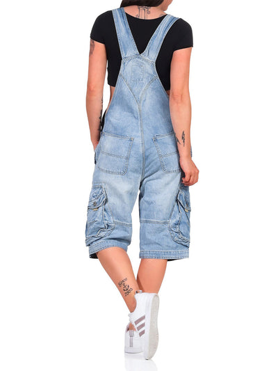 Salopette short cargo en denim pour femme