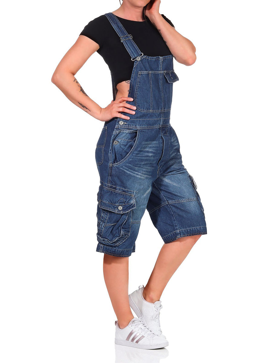 Salopette short cargo en denim pour femme